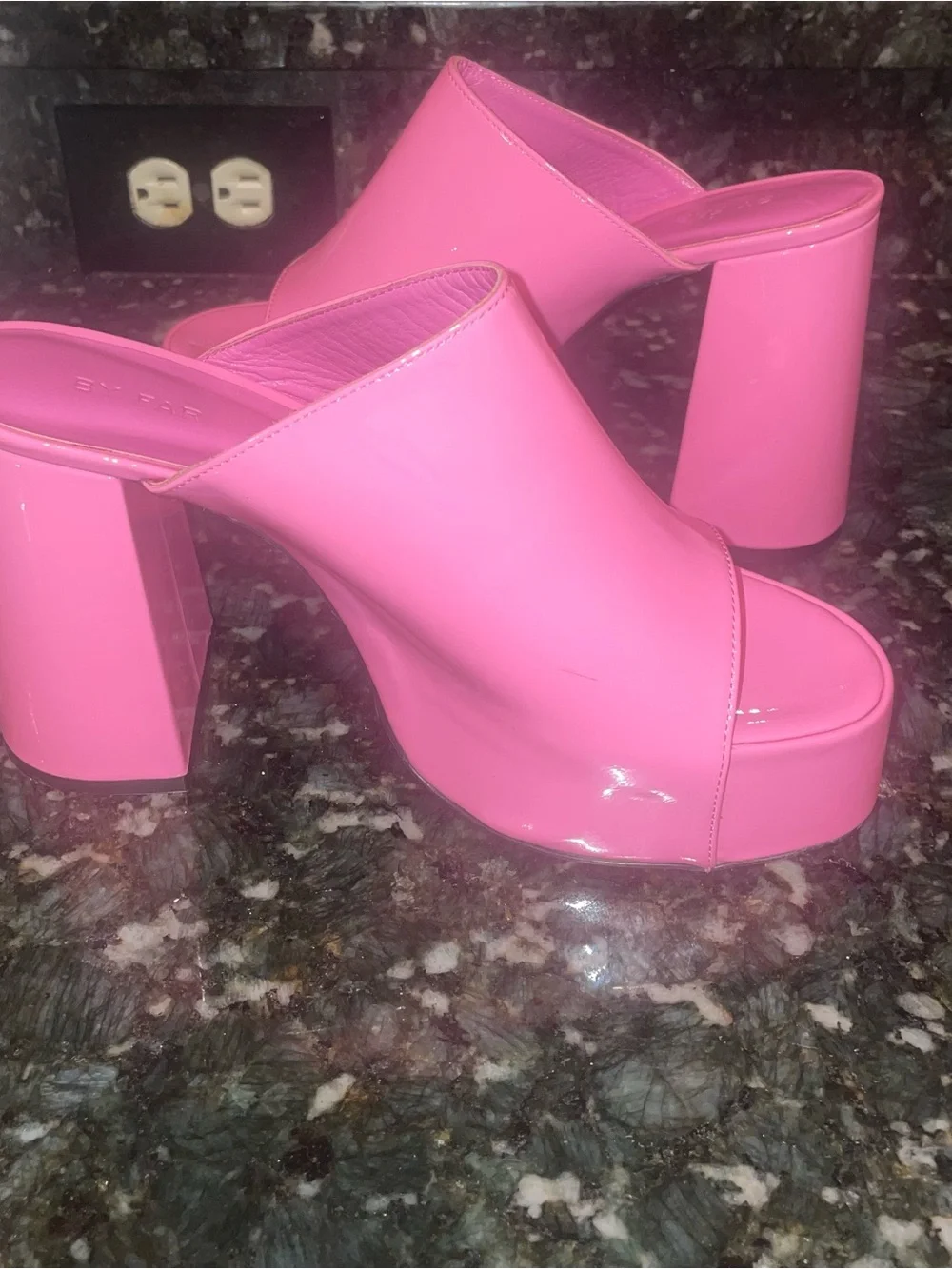 New! BY FAR Pink Brad Patent Platform 120mm Mule Sandals Barbie Pink💖 38 or US 8